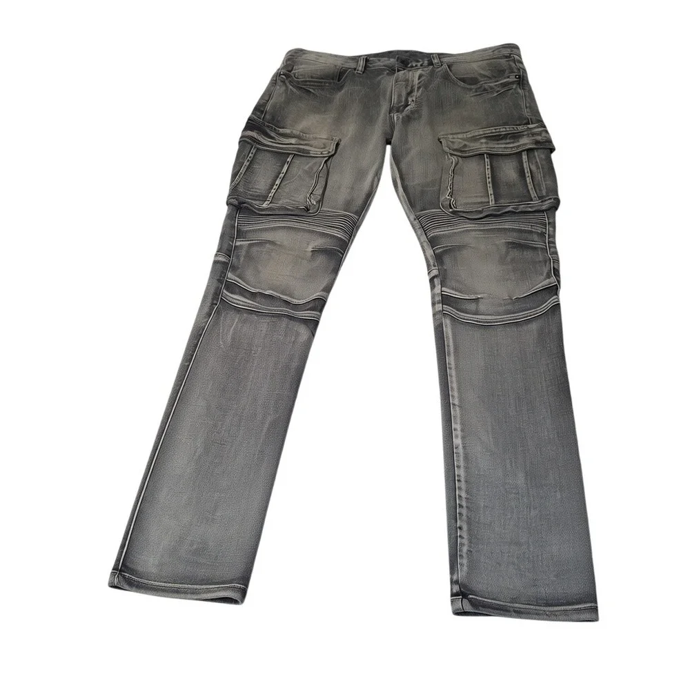 Smoke Rise Cargo Jeans Mens 32x32 Gray Moto Biker Slim Fit Denim Pants